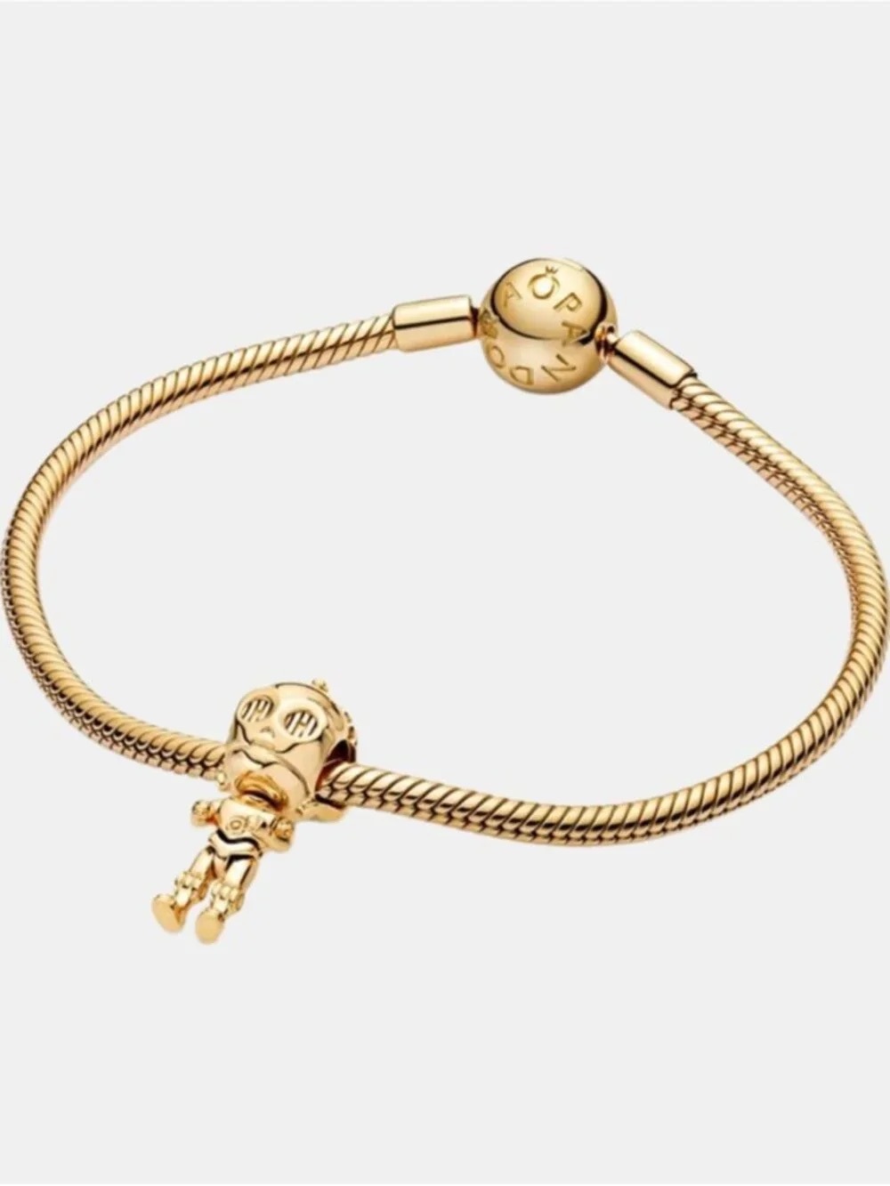 Pandora Gold Snake Chain Bracelet with Gold Dangle Charm